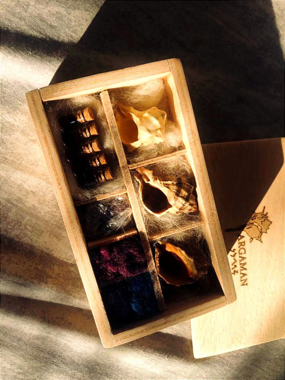 Empyrex Artisanal Dye Kit – wooden box with Tyrian purple-dyed wool samples and snail shells