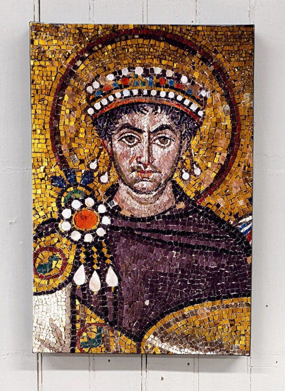 Historical depiction of imperial regalia featuring Tyrian purple — crowns, scepters, and purple-dyed textiles